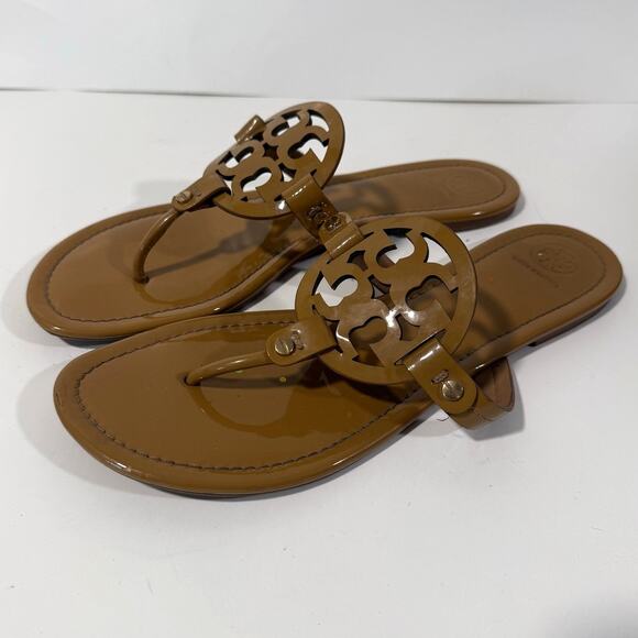Tory Burch Women's Miller Sandals Flip Flop Flats Patent Leather Brown Tan 11 - Picture 1 of 7